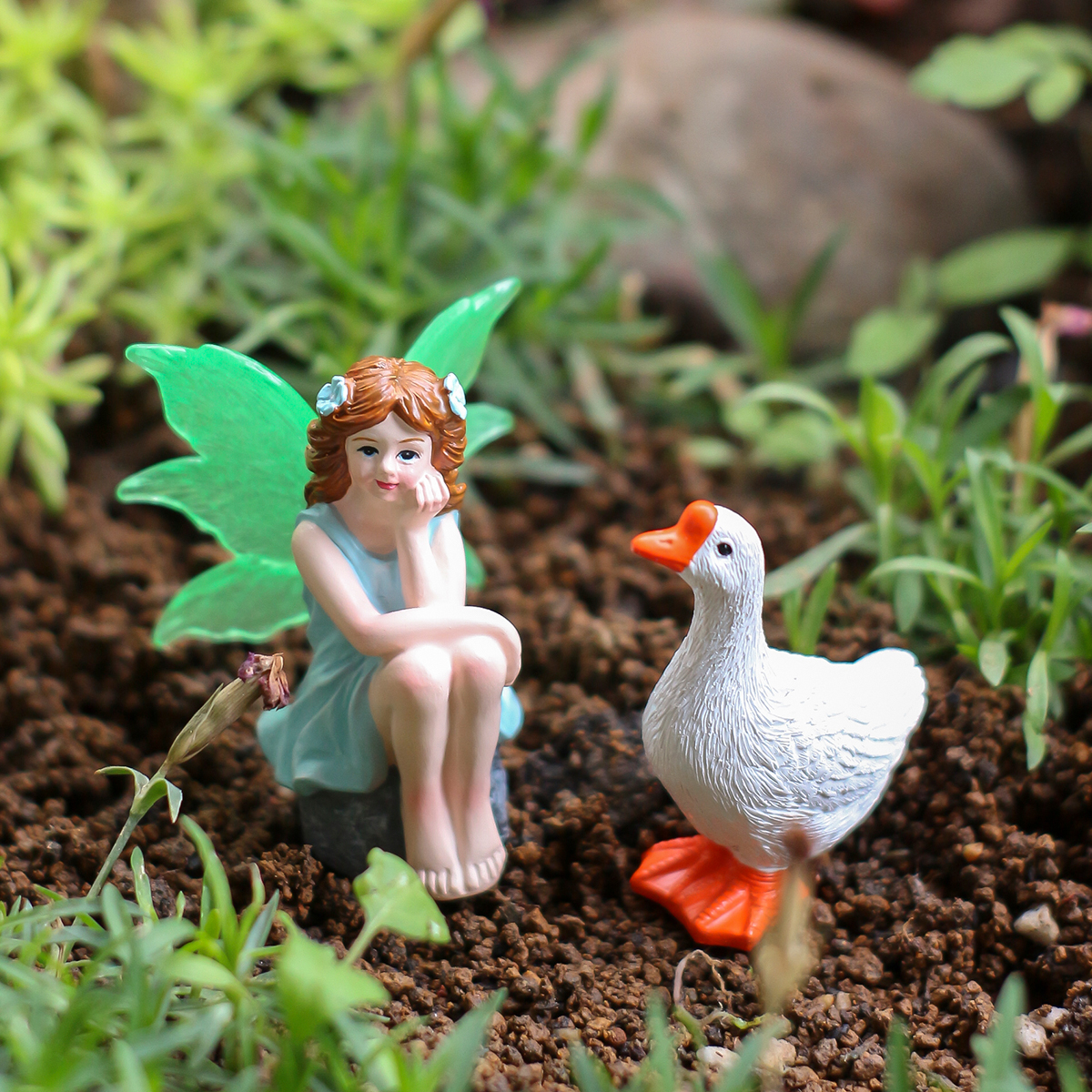 Bonsai Garden World - 2 seated fairies and geese, creative