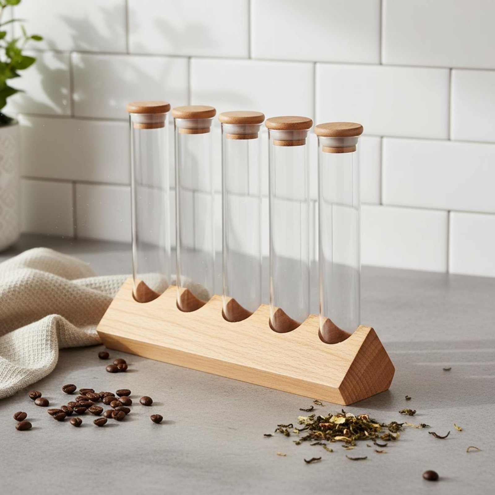 Glass Tube Container Set with  - Display Stand Wood avaliação e preço